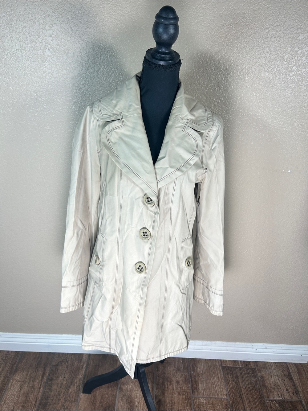 Guess Double-Breasted Beige Mid-Length Trench Coat Size L
